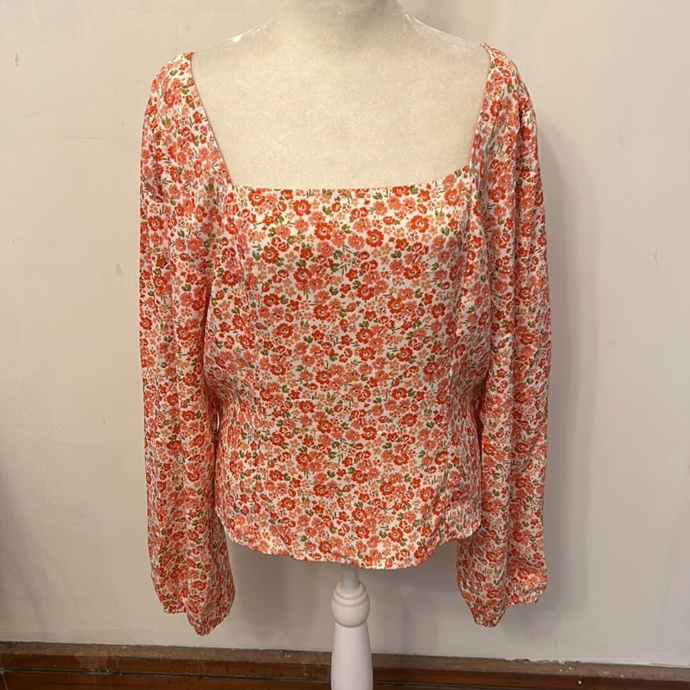 Lush coral floral Fremont puff sleeve smock blouse Size XL New